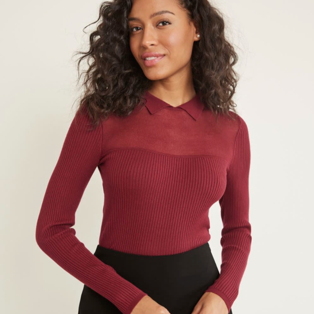 RW&Co Long-Sleeve Polo Ribbed Sweater With Sheer Yoke Size XS New!
